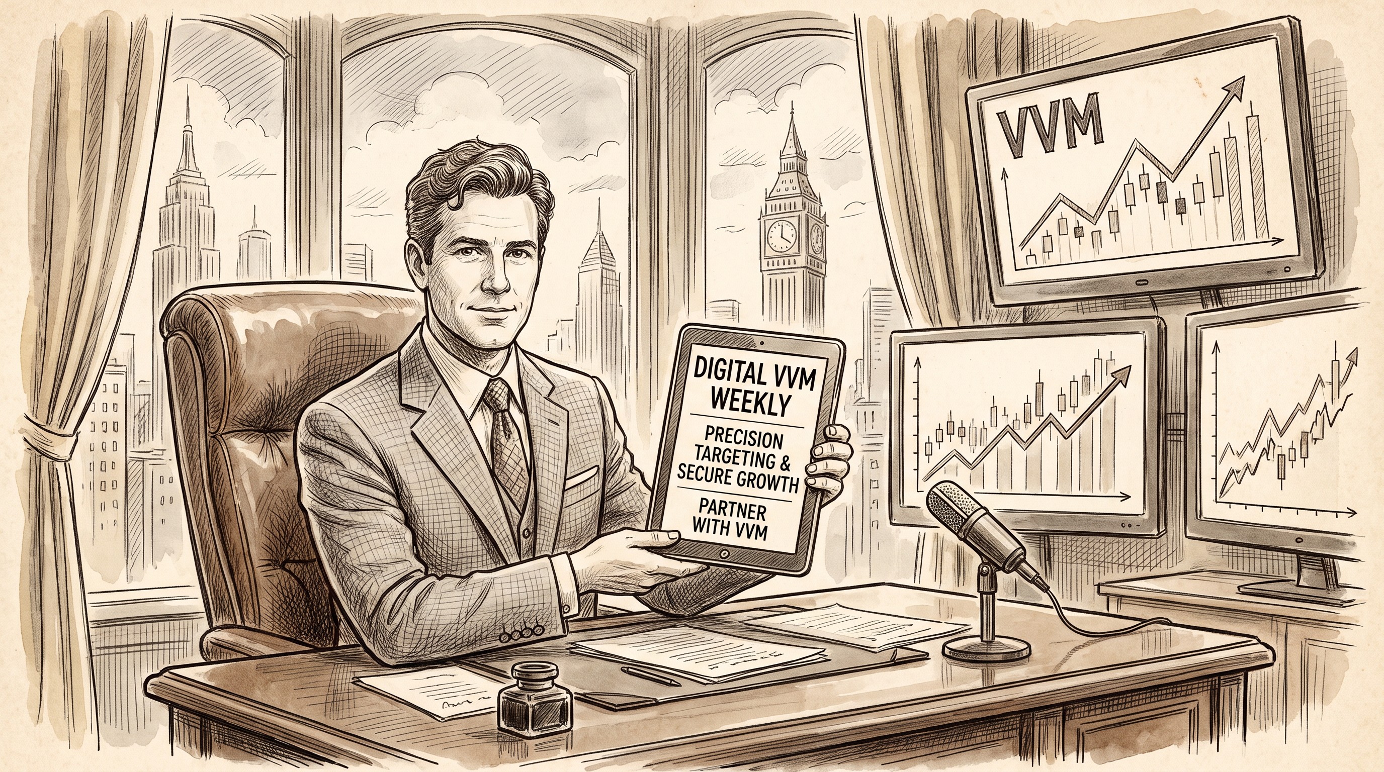 Executive at a desk with a VVM market monitor, holding a tablet that reads: Digital VVM Weekly, precision targeting and secure growth.