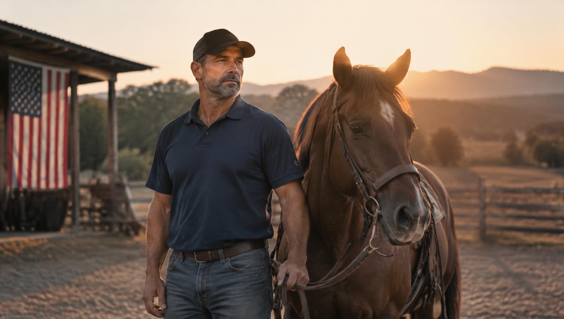 Veteran standing beside a horse at a ranch